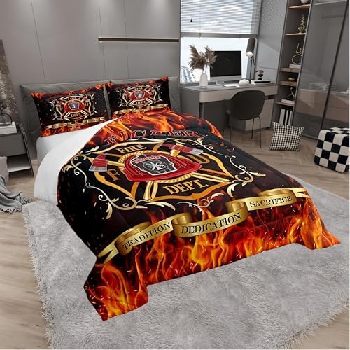 Firefighter Theme Children Comforter Set,Burning Flame Bedding Set for Kids Boys,Adults Soft Fireman Sign Comforter,Teens Red and Black Quilted Duvet Set Bedroom Collection King Size 3Pcs