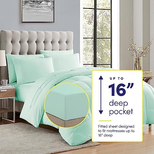 Sweet Home Collection 7 Piece Comforter Set Bag Solid Color All Season Soft Down Alternative Blanket & Luxurious Microfiber Bed Sheets, Mint, Full