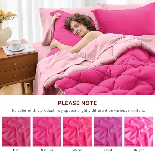MUXHOMO 7 Pieces Oversized Queen Comforter Set, Reversible Bed in a Bag Oversized Queen Size, All Season Bedding Set with Comforter, Flat Sheet, Fitted Sheet, Pillowcases & Shams, Hot Pink & Baby Pink
