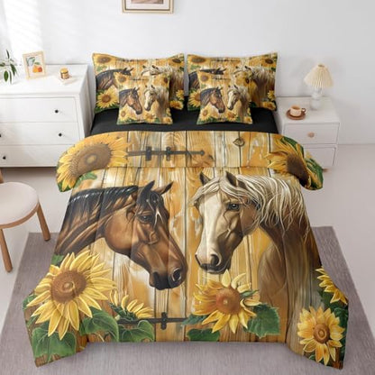 Erosebridal Couple Horse Bedding Set Full,Sunflower Farm Animals Comforter Set,Rustic Farmtyle(Comforter+Fitted+Flat Sheet+2 Pillowcases+2 Throw Pillow Covers) 7 Pieces Old Wooden Boards Bed Set