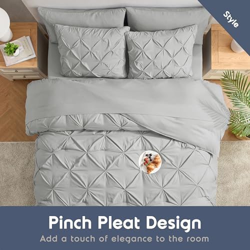 Nestl 9 Piece California King Comforter Set – Light Grey Pinch Pleated Bed in a Bag – Complete Cal King Size Bedding Set with Sheets, Set of 2 Cooling Pillows, Pillowcases and Shams