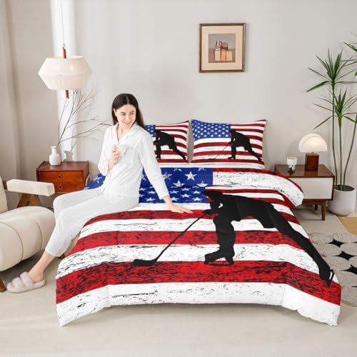Erosebridal American Flag Comforter Set King, Hockey Bedding Set United States Sports Games Down Comforter for Kids Boys Teens Bedroom, Red White Geometric Stripes Duvet Sets with 2 Pillowcases