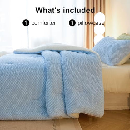 LLanCL 3D Jacquard Design Comforter Set, Ultra-Soft Warm Twin Size Sherpa Fur Plush 2-Pieces Sets Luxury Cozy Bedding with 1 Pillowcase (68"x90", Light Blue)