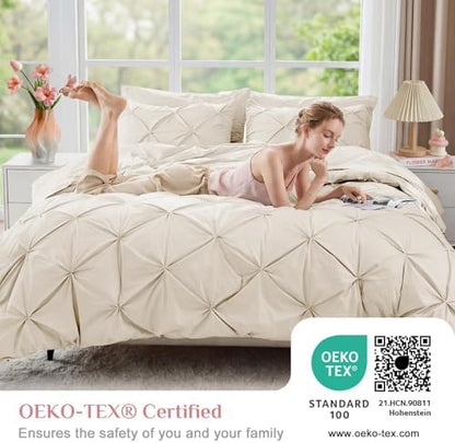 JOLLYVOGUE Queen Comforter Set 7 Pieces - Bed in a Bag Queen for All Season, Pintuck Bedding Comforter Sets with Comforter, Flat Sheet, Fitted Sheet and Pillowcases & Shams, Beige