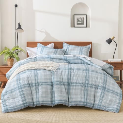 Andency Blue Plaid Comforter Set Queen, Gingham Checkered Grid Bedding Set