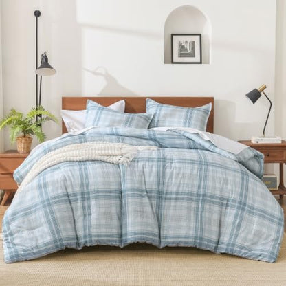 Andency Blue Plaid Comforter Set Queen, Gingham Checkered Grid Bedding Set