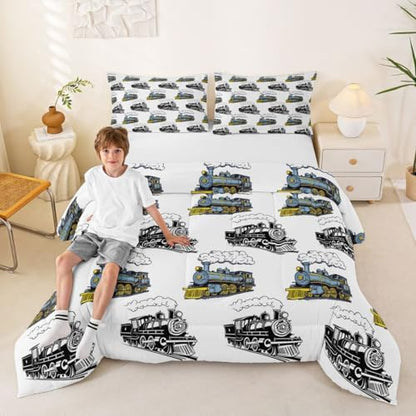 Feelyou Blue Vintage Train Comforter Set Full Size Retro Steam Locomotive Down Bedding Set for Kids Boys Girls Transportation Vehicles Duvet Quilt Bedroom Decor Microfiber 3 Pcs with 2 Pillow Cases