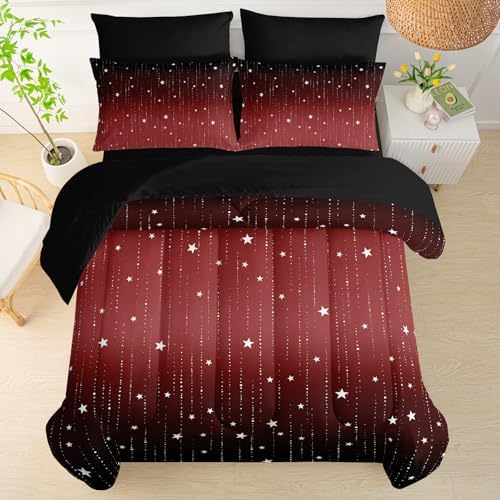QOOMO Red Galaxy 7 Pieces Comforter Set Queen,Starry Sky Bedding Set