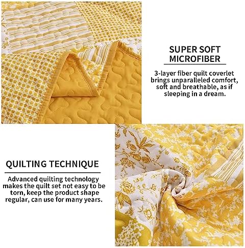 Mybedsoul Boho Quilts Queen Size, Floral Patchwork Fall Bedding Set, Yellow