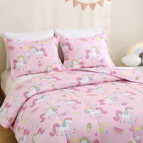 Yibeizi Pink Unicorn Bed Comforter Set for Girls Full Size Bedding