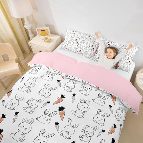 Kawaii Bedding Set, for Kids Girls Cute Cartoon Rabbit Bedding Set, Sketch Carrot Duvet Cover, Kawaii Room Decor, Pink Soft Reversible Comforter Cover Set, Lovely Animal Bedding Comforter, Queen Size