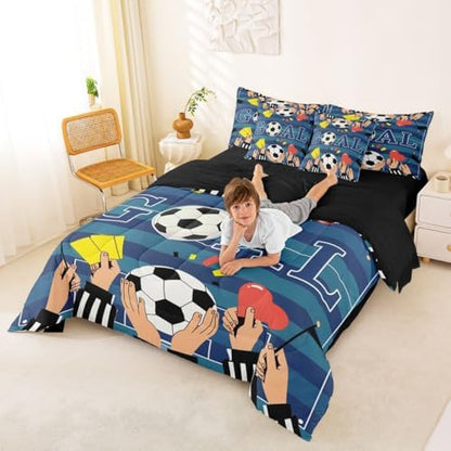 Erosebridal Nacy Blue Boys Kids Football Gaming King 7-Piece Comforter Set | Striped Geometric Sheets and Pillowcases Ball Games Bed in A Bag Playground Soccer Bed Sets