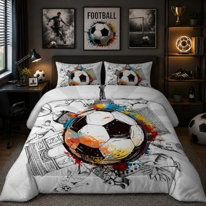Nttopship Soccer Sports Comforter Set Full Size,100% Soft Ultra-fine Fiber Four Season Hand Drawn Graffiti Style Comforter Set,with 1 Comforter and 2 Pillow Case