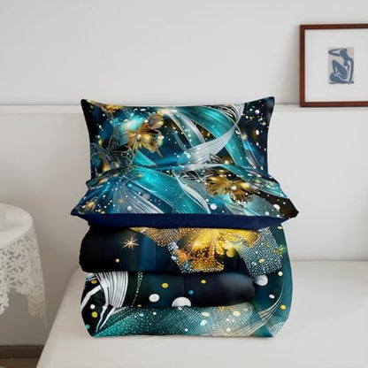 jejeloiu Teal Blue Butterfly Comforter Set Twin Size Kids Butterfly Stripe Bedding Set for Boys Girls Teens Glitter Duvet Breathable Animal Quilt Bedroom Decor,1 Comforter with 1 Pillowcase