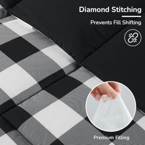 downluxe Queen Comforter Set Soft Reversible 3 Pieces, Plaid Black/White