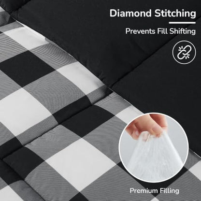 downluxe Queen Comforter Set Soft Reversible 3 Pieces, Plaid Black/White