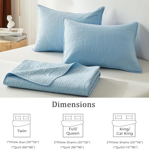 akkialla Queen Quilt Bedding Set,Sky Blue Ultrasonic Full/Queen Quilt Set,Lightweight Soft Bedspread Coverlet,Modern Style Coin Pattern Bed Cover for All Seasons,3 Piece(1 Quilt,2 Pillow Shams)