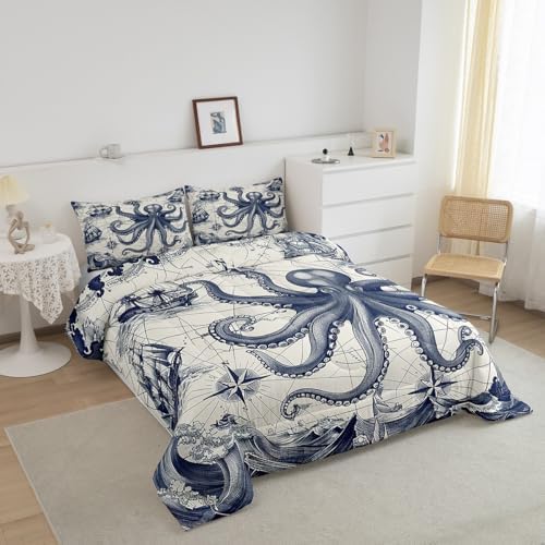 Homewish Octopus Comforter Set King Size,Nautical Ocean Map Bedding Set 3Pcs for Kids Girls Boys Teens Room Decor,Sea Animals Quilt Set Vintage Grey Blue Duvet Insert,2 Pillowcases