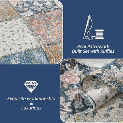 Yvooxny 3-Piece Quilt Set King Size Quilted Bedspread Reversible Country Style Blue Floral Paisley Real Patchwork Bedding Quilt Set with Ruffles with Pillowcases for All Seasons, 108 * 96 Inches