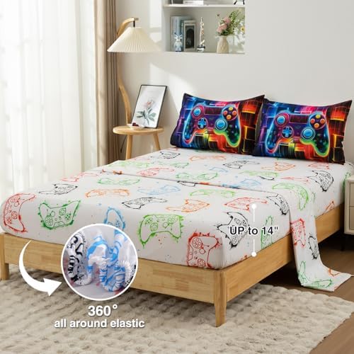 A Nice Night Boys Queen Size 5-Piece Game Console Comforter Set, for Kids Teen 3D Colorful Background Colorful Universe Gamepad Gaming Printed Matching Sheet Sets Black-Red