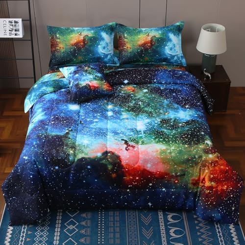 JQinHome Full Galaxy Comforter Sets 6 Piece Bed in A Bag, Outer Space Themed Bedding for Children Boy Girl Teen Kids,1 Comforter, 1 Flat Sheet, 1 Fitted Sheet, 2 Pillowshams, 1 Cushion Cover(Blue)