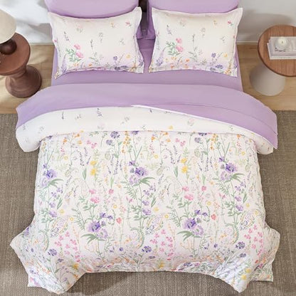 Yiran Floral Comforter Set Twin Size,7 Piece Cute Flower Pattern for Women Teen Girls,Soft Lightweight Purple Coquette Bedding Aesthetic Cottagecore Bed for All Season