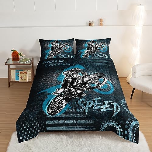 HOSIMA Dirt Bike Comforter Motocross Rider Bedding Set for Race Car Bed,American Flag Motorbike Comforter for Queen Size Bed Extreme Sport Bedding Set for Boys Teens Mens Bedroom Essentials.
