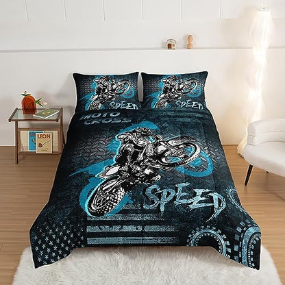 HOSIMA Dirt Bike Comforter Motocross Rider Bedding Set for Race Car Bed,American Flag Motorbike Comforter for Queen Size Bed Extreme Sport Bedding Set for Boys Teens Mens Bedroom Essentials.