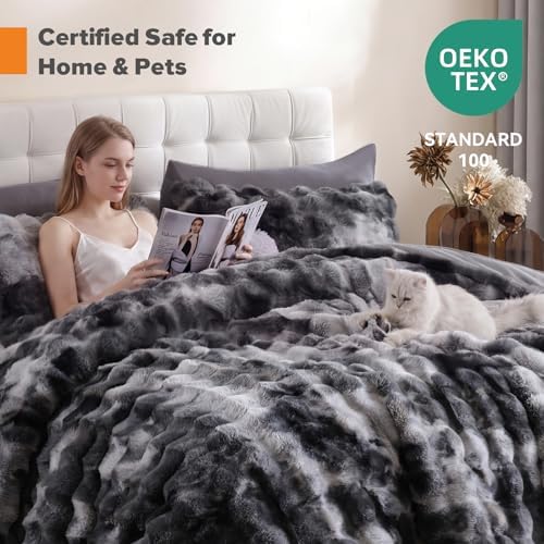 YIKUSH Twin Faux Fur Soft Comforter Set, Fluffy Bedding Set, Tiedye Grey