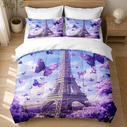 CCoutueChen Kids Twin Paris Bedding Set, Purple Butterfly Floral Comforter Set for Girls, Romantic Warm Microfiber Comforter with 1 Pillowcase, 68"x86"