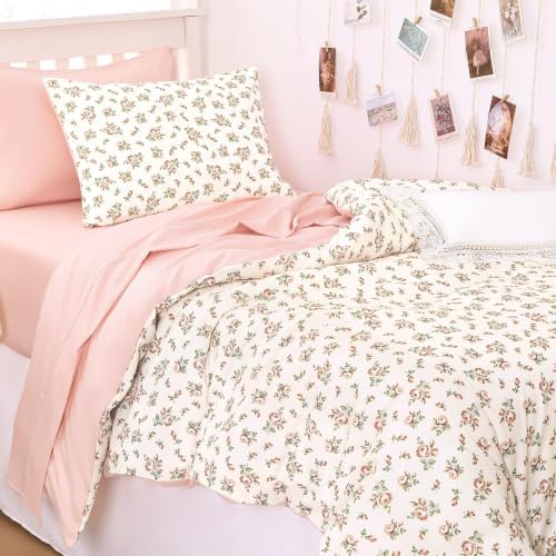 Wake In Cloud - Floral Comforter Set with Sheets, Coquette Cottagecore Aesthetic Flower Shabby Chic Pattern for Women Teen Girls, 5 Pieces Bed in a Bag, Peach Blush, Twin Size