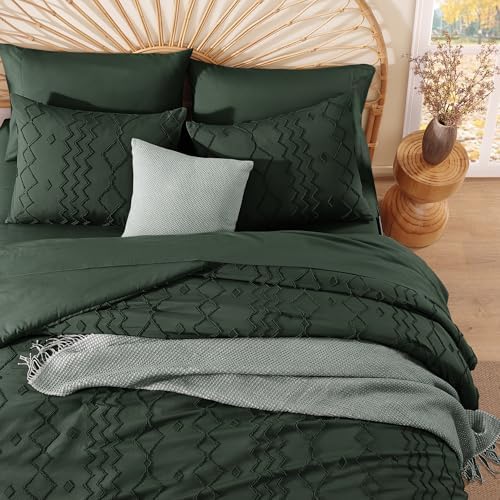 Full Size Comforter Set Dark Green Tufted Boho Geometric Bedding 7 Pieces