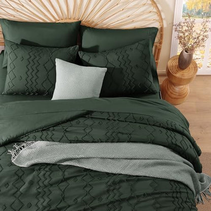 Full Size Comforter Set Dark Green Tufted Boho Geometric Bedding 7 Pieces