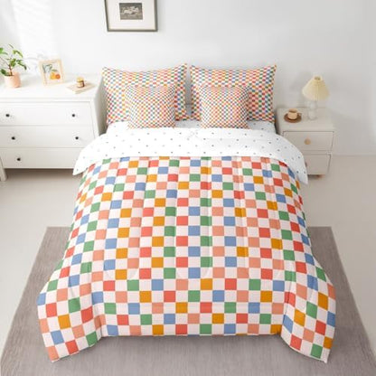 jejeloiu Orange Blue Green Bedding Set 7Pcs Full Size Kids Plaid Checkered Comforter Set with Sheets for Boys Girls Classic Grid Buffalo Check Bed in a Bag Soft Lightweight,Microfiber