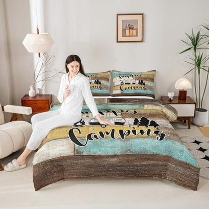 Happy Camping Car Comforter Set King Size,RV Camper Trailer Decor Bedding Set 3pcs for Kids Boys Girls Adults,Vintage Wooden Plank Cabin Down Comforter,Rustic Farmhouse Duvet Insert,2 Pillowcases