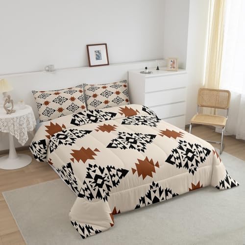 jejeloiu Boho Aztec Comforter Set King Size Kids Western Ethnic Tribal Bedding Set for Boys Girls Teens Wild West Duvet Breathable Exotic Geometric Quilt Bedroom Decor,1 Comforter with 2 Pillowcase