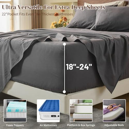 MEISHANG 100% French Linen Sheets King,6 Pcs,18-24" Extra Deep Pocket