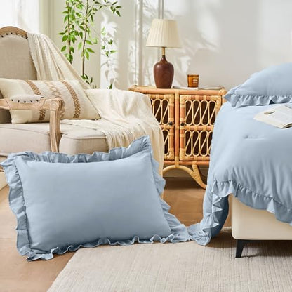 FUANNA Queen Comforter Set, 3 PCS Bedding Sets, Ruffle Bed Set Grayish Blue