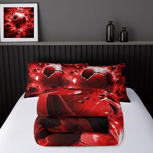 Nttopship Soccer Bedding Comforter Set Queen Size for Kids Teens and Adults, Red and Black Football Printed Bedding Sets 3 PCS,Ball Sports Themed Bedroom Decor with 1 Comforter and 2 Pillowcases