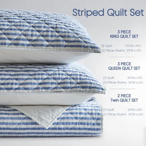 Wonderful - Blue Classic Ticking Stripe Quilt Set King Size, 3-Piece 100% Cotton Face & Fill Nautical Coastal Bedding, Rustic Farmhouse Bedspread Coverlet for All Season