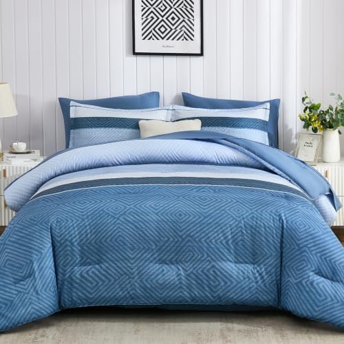 Comforter Set Queen Size 7 Piece Bed in a Bag Boho Haze Blue Striped Bedding Set Soft Microfiber Comforter and Sheet Set for All Season (Queen, 90"x90")