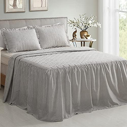 CHIXIN Ticking Stripe Ruffle Skirt Bedspread Full Size - 30" Long Drop, Shabby Chic Style, Lightweight Bedding Cover, 3 Piece Set, Light Grey