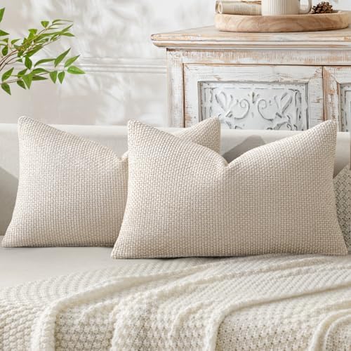 MIULEE Decorative Lumbar Throw Pillow Covers 12x20 in Neutral Beige 2 Pack