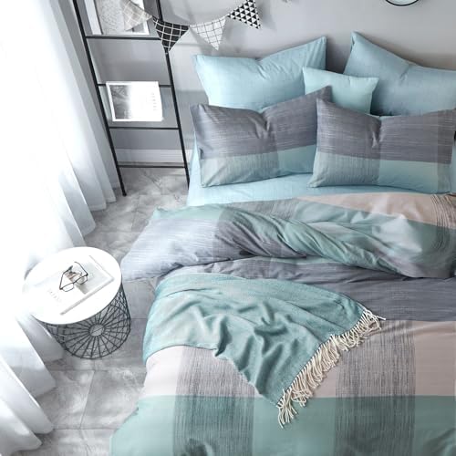 mixinni Simple Patchwork Print Comforter Set Full Size Bed Fluffy Blue Mint Green Geometric Pattern Comforter for Boys Women and Men, 1 Modern Comforter and 2 Pillowcases for All Season-Full Size