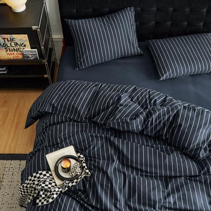 Wake In Cloud Striped Cotton Duvet Cover Set, Navy Blue, Full