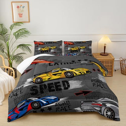 Race Car King Comforter Set for Boys，Race Car King Bedding Sets for Boys，Hot Wheels Cars King Bedding Set，Theme Room Decor