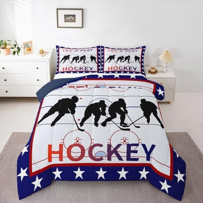 Homewish Ice Hockey Full Size Comforter Set,Hockey Sport Player Bedding Set for Adults Teens,Children Winter Extreme Sport Comforter Luxury Blue and Red Quilt Set Room Decor 3Pcs