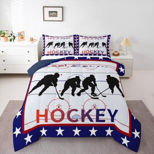 Homewish Ice Hockey Field Comforter Set Queen Size,Winter Sports Bedding Set for Kids Boys Girls Bedroom Decoration,Hockey Sport Player Bed Duvet Insert,Blue and Red Comforter with 2 Pillowcase