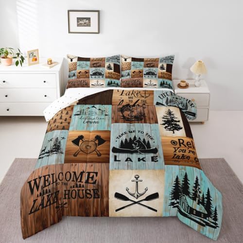 Lake House Comforter Set Queen Size,Outdoor Camping Quilt Set Fish Bear Anchor Pine Rustic Farmhouse Bedding Set Kids Boys Girls Brown Green Grid Patchwork Plaid Duvet Insert Adult Room Decor