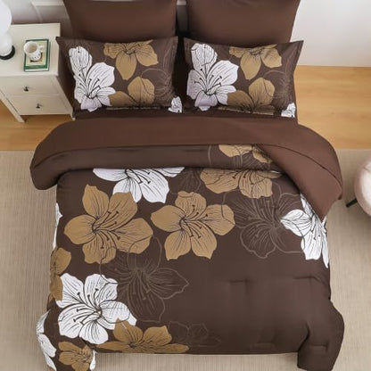 Luxudecor Brown King Size Comforter Set, 7 Pieces Floral Bed in a Bag